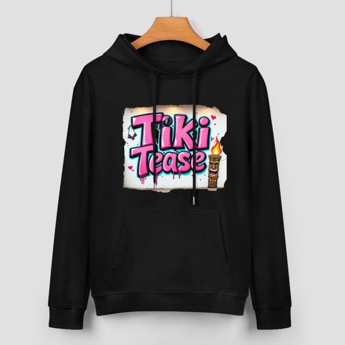 Tiki Tease Hoodie – Black Hoodie with Retro Graffiti Logo and Torch Graphic - Image 2