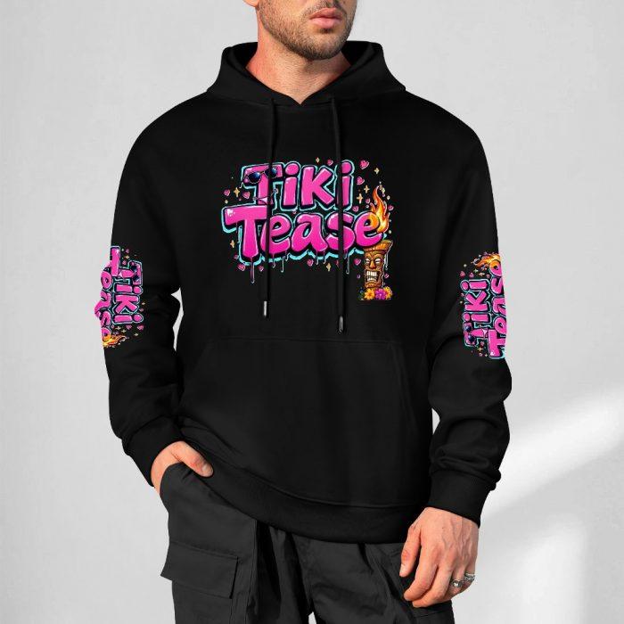 Tiki Tease Hoodie – Black Hoodie with Tropical Graffiti Logo and Sleeve Prints - Image 5