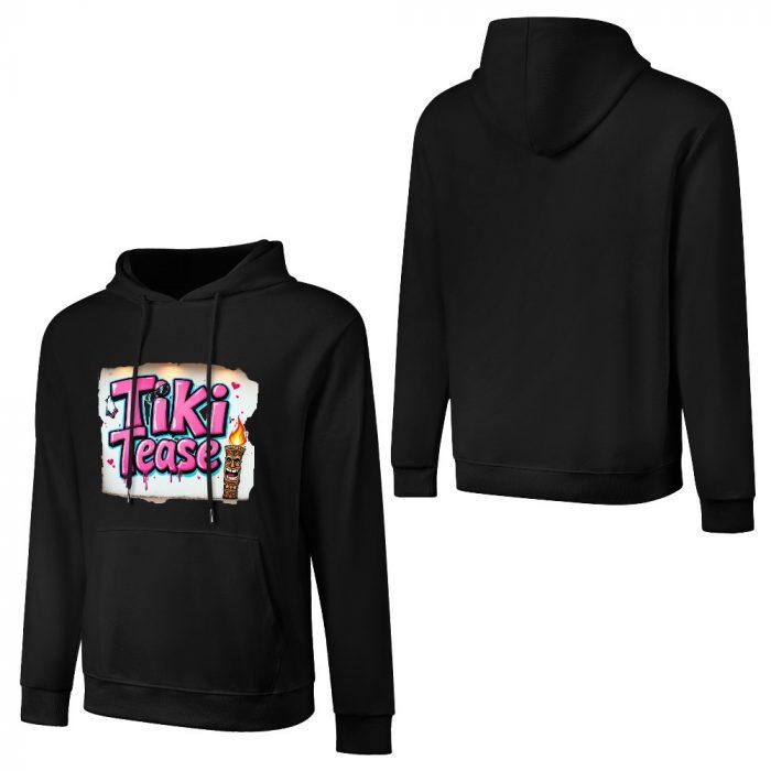 Tiki Tease Hoodie – Black Hoodie with Retro Graffiti Logo and Torch Graphic - Image 3