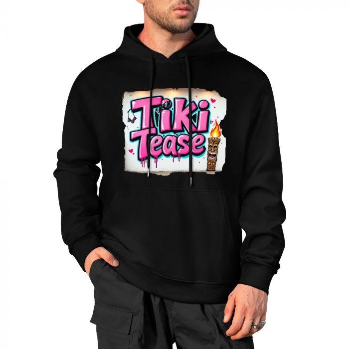 Tiki Tease Hoodie – Black Hoodie with Retro Graffiti Logo and Torch Graphic - Image 4