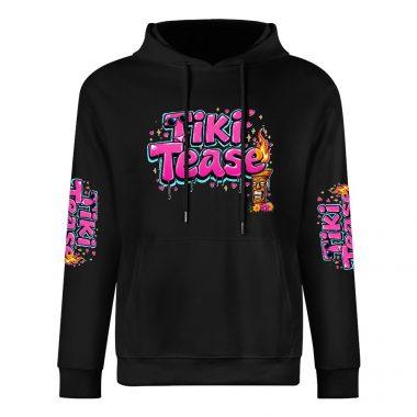 Tiki Tease Hoodie – Black Hoodie with Tropical Graffiti Logo and Sleeve Prints