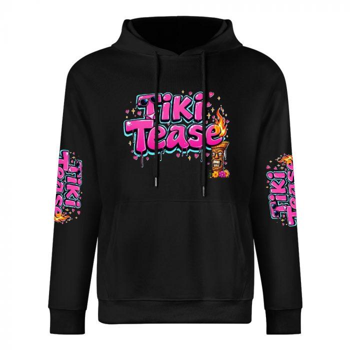 Tiki Tease Hoodie – Black Hoodie with Tropical Graffiti Logo and Sleeve Prints