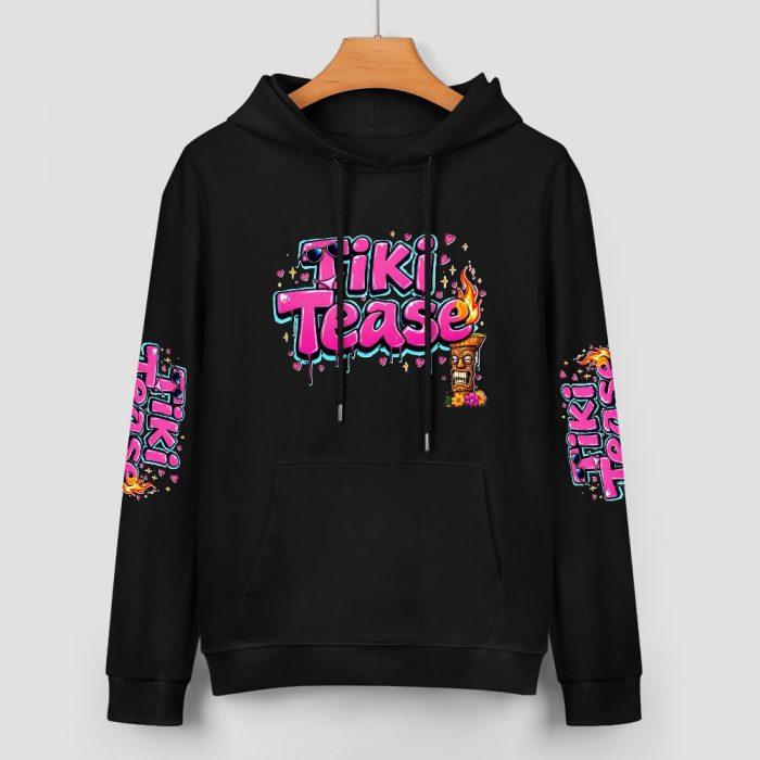 Tiki Tease Hoodie – Black Hoodie with Tropical Graffiti Logo and Sleeve Prints - Image 2