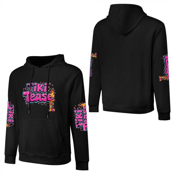 Tiki Tease Hoodie – Black Hoodie with Tropical Graffiti Logo and Sleeve Prints - Image 3