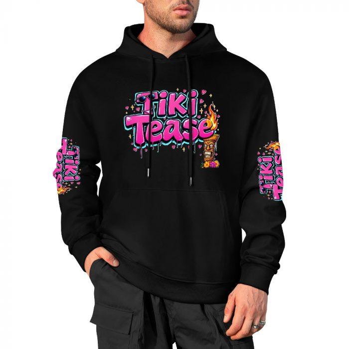 Tiki Tease Hoodie – Black Hoodie with Tropical Graffiti Logo and Sleeve Prints - Image 4