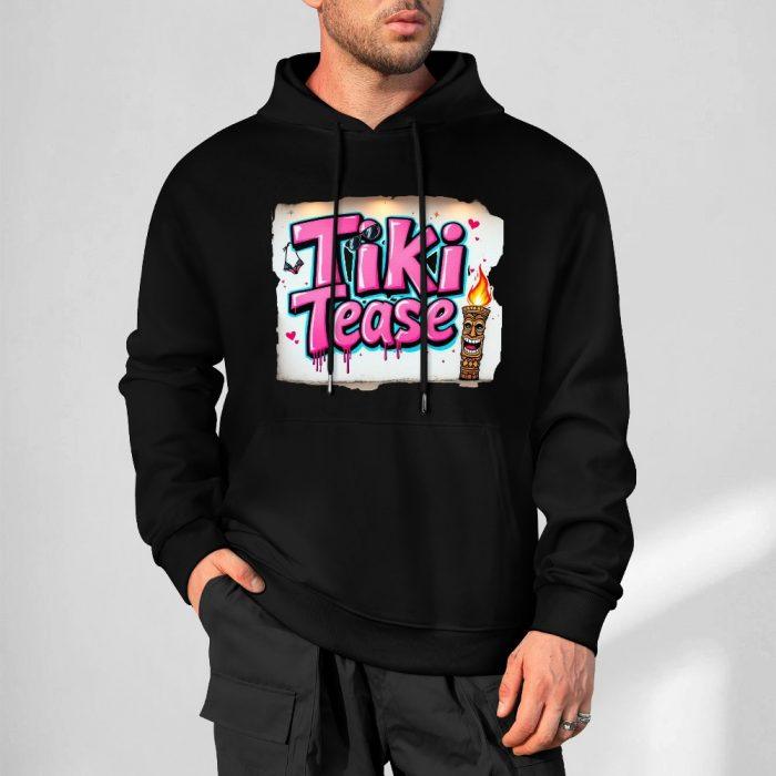 Tiki Tease Hoodie – Black Hoodie with Retro Graffiti Logo and Torch Graphic - Image 5