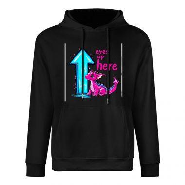Eyes Up Here Hoodie – Black Hoodie with Flirty Arrow and Pink Dragon Graphic