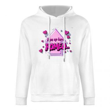 Eyes Up Here Romeo Hoodie – Flirty Hoodie with Pink Arrow Graphic and Heart Detail
