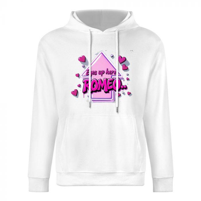 Eyes Up Here Romeo Hoodie – Flirty Hoodie with Pink Arrow Graphic and Heart Detail