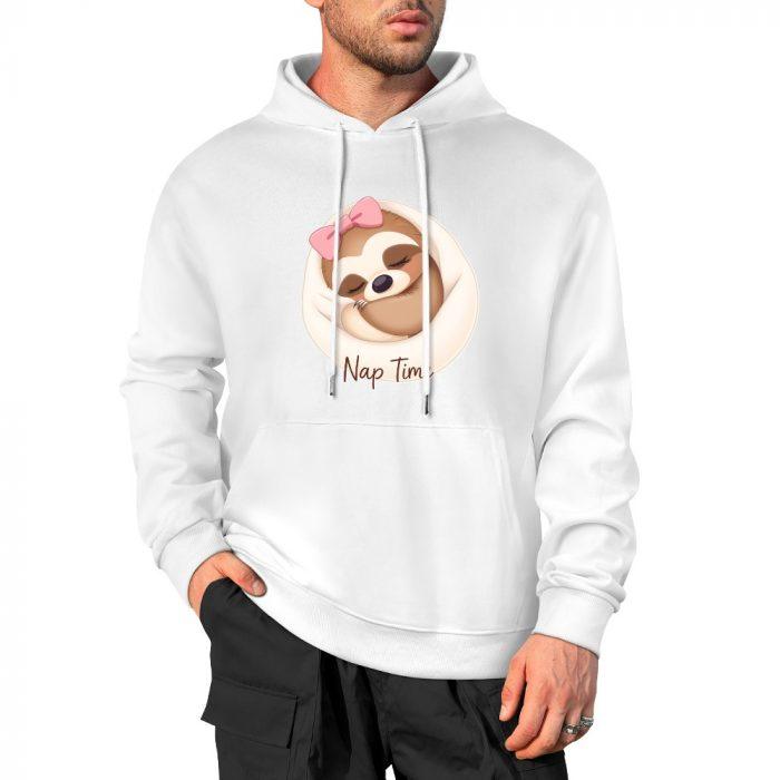 Nap Time Sloth Hoodie – Cute White Sweatshirt with Pink Bow Sloth Graphic - Image 3