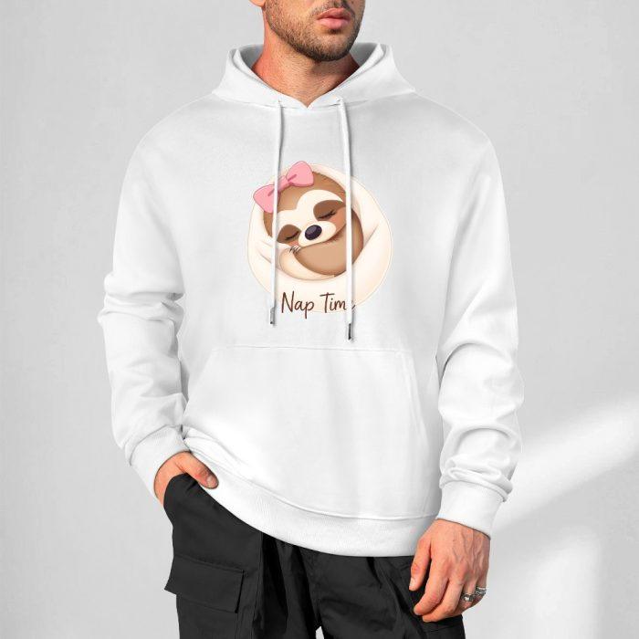 Nap Time Sloth Hoodie – Cute White Sweatshirt with Pink Bow Sloth Graphic - Image 4