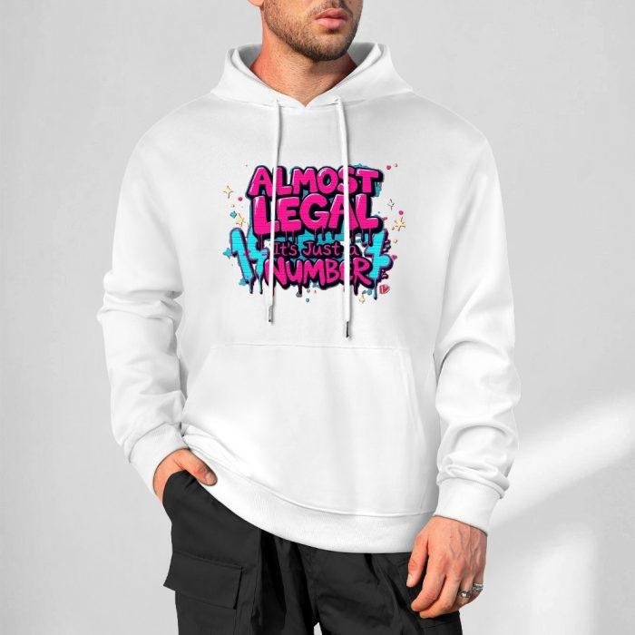 Almost Legal Hoodie – Graffiti Blue “It’s Just a Number” Flirty Birthday Hoodie - Image 4