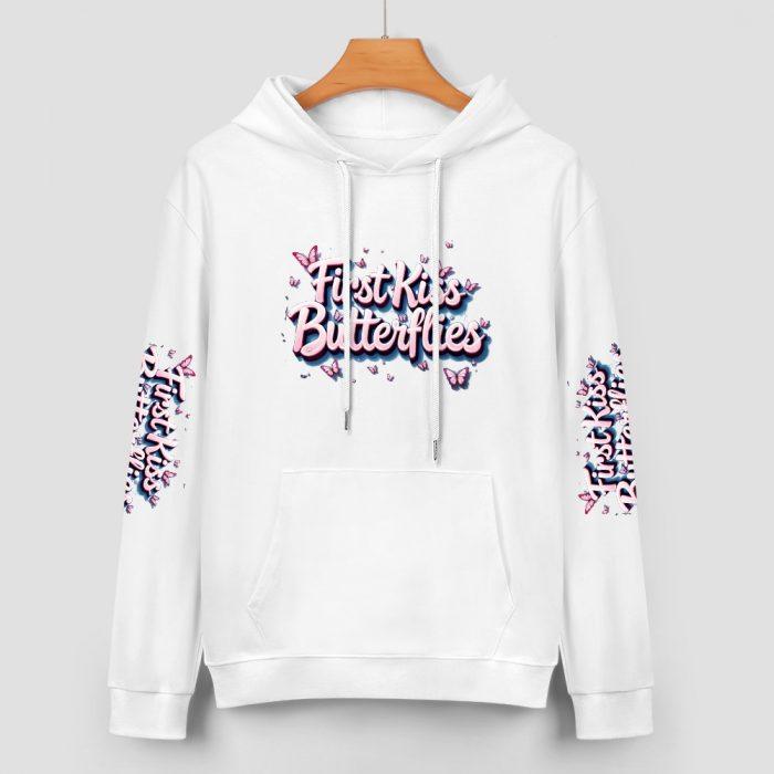 First Kiss Butterflies Sleeve Logo Hoodie – White Hoodie with All-Over Butterfly Branding - Image 2