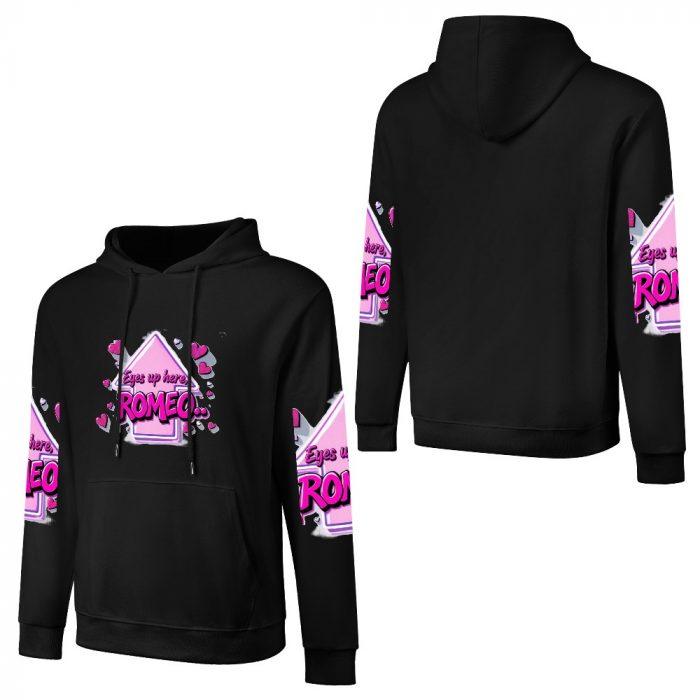 Eyes Up Here, Romeo Hoodie – Black Hoodie with Flirty Pink Arrow and Heart Graphic - Image 3