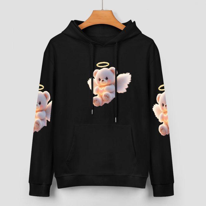 Angel Bear Hoodie – Black Hoodie with Halo Teddy Bear and Wing Sleeve Prints - Image 2