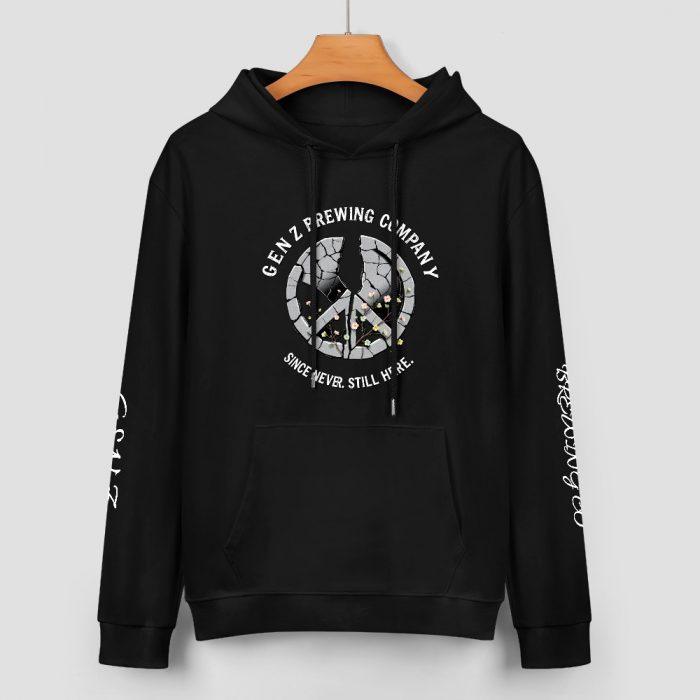 Gen Z Brewing Company Hoodie – Black Hoodie with Cracked Peace Sign and “Since You’re Still Here” Slogan - Image 2