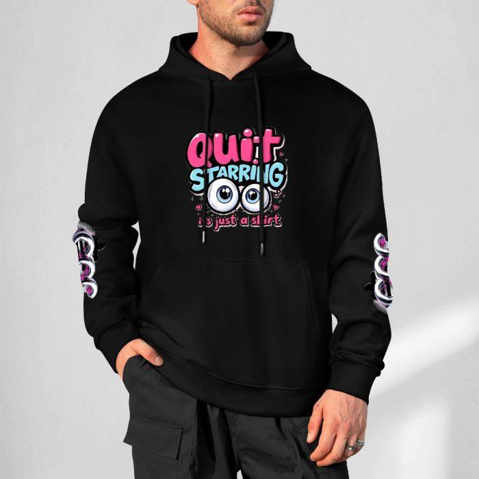 Quit Staring Hoodie – Black Hoodie with Bold Eyes Graphic and CCC Sleeve Print - Image 5