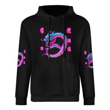 Twisted Dragon Kanji Hoodie – Black Hoodie with Neon Blue-Pink Dragon and Japanese Lettering