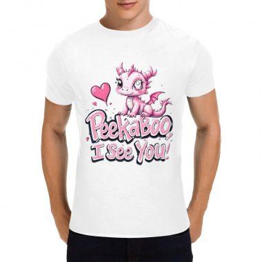 Peekaboo I See You – Cute Pink Dragon Graphic T-Shirt （Made in USA，Ships to USA Only）