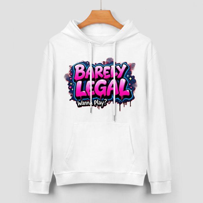 Barely Legal Hoodie – “Wanna Play?” Graffiti Bubble Text Hoodie for Bold Girls - Image 2