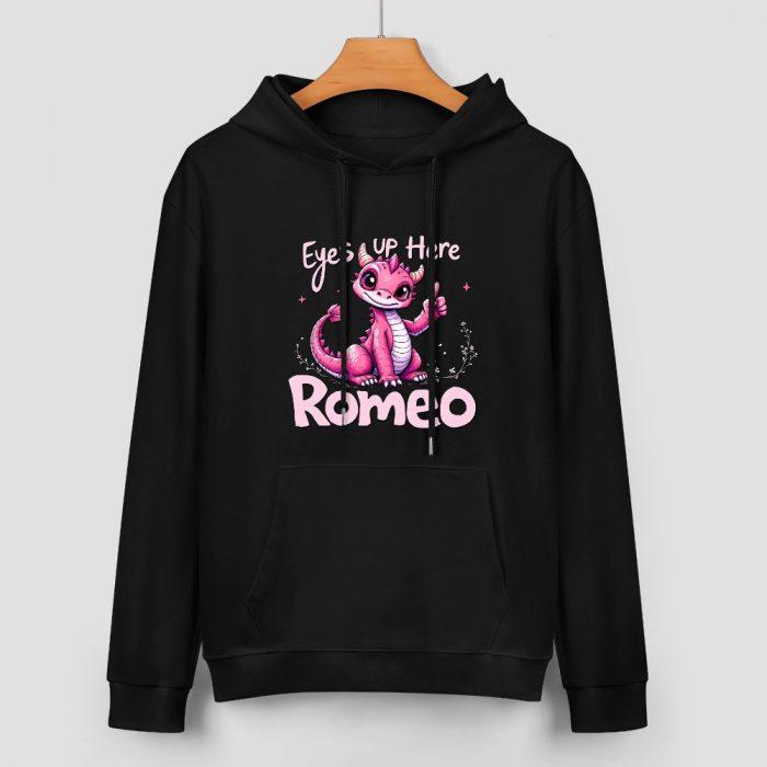 Eyes Up Here, Romeo Hoodie – Black Hoodie with Cute Pink Dragon and Flirty Text - Image 2