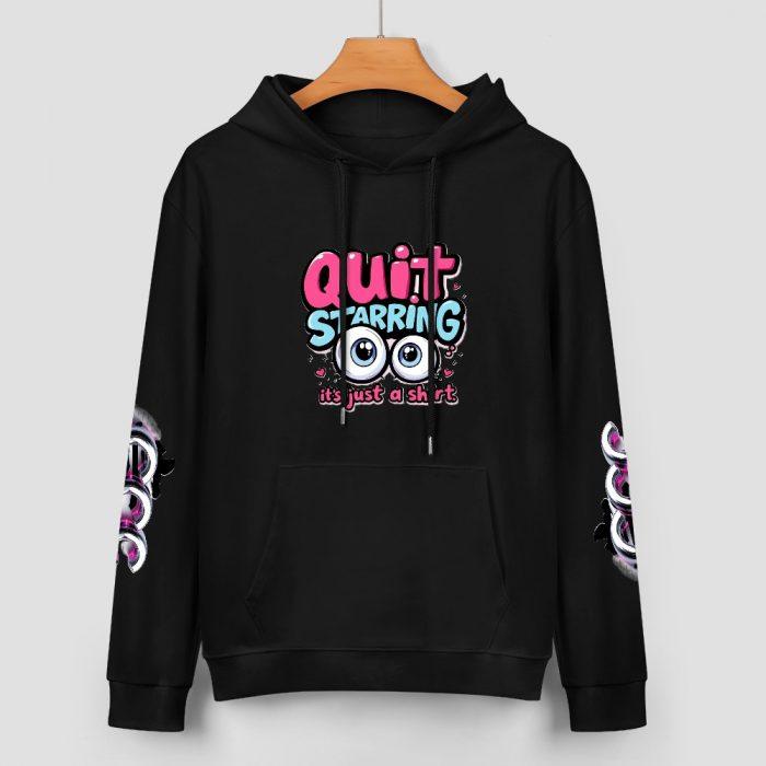 Quit Staring Hoodie – Black Hoodie with Bold Eyes Graphic and CCC Sleeve Print - Image 2