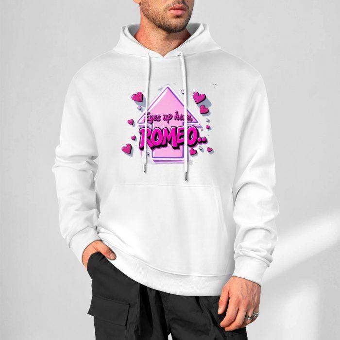 Eyes Up Here Romeo Hoodie – Flirty Hoodie with Pink Arrow Graphic and Heart Detail - Image 4