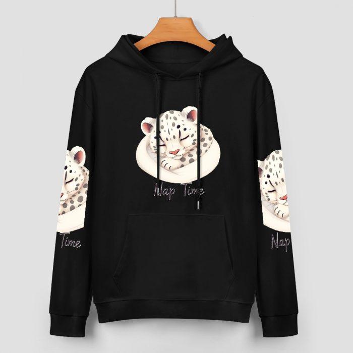 Nap Time Hoodie – Cozy Black Hoodie with Sleepy Snow Leopard Cub - Image 2
