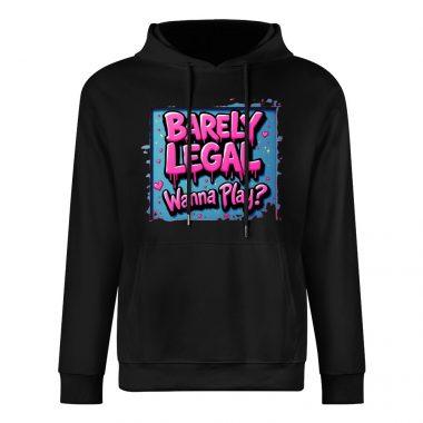 Barely Legal – Wanna Play? Hoodie – Bold Black Hoodie with Flirty Neon Text