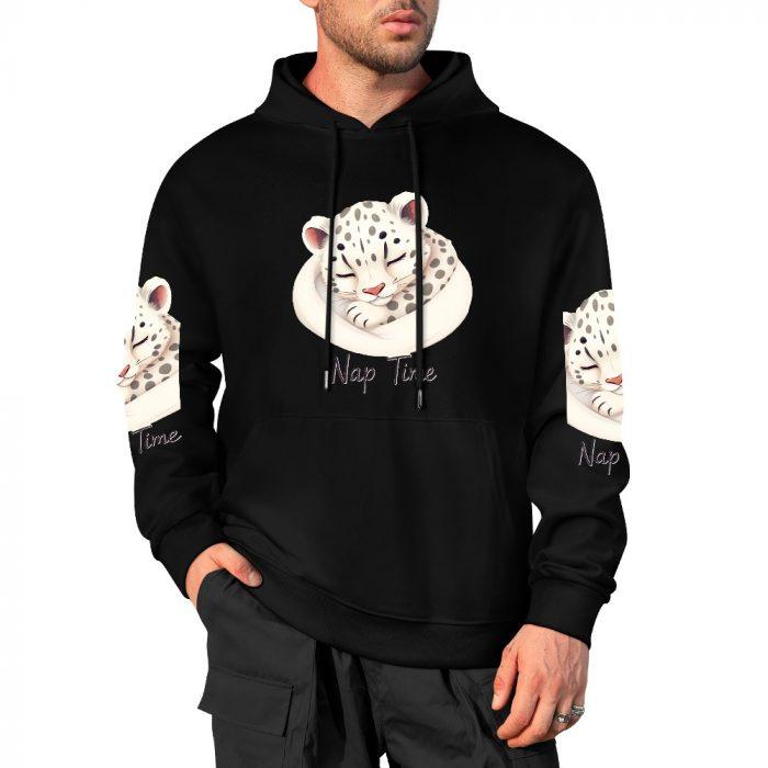 Nap Time Hoodie – Cozy Black Hoodie with Sleepy Snow Leopard Cub - Image 4