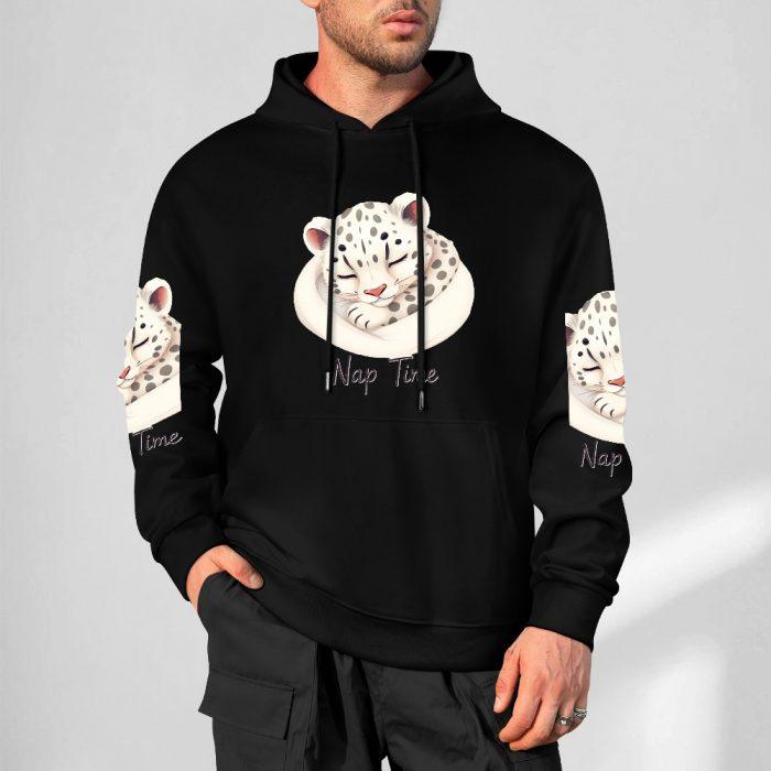 Nap Time Hoodie – Cozy Black Hoodie with Sleepy Snow Leopard Cub - Image 5