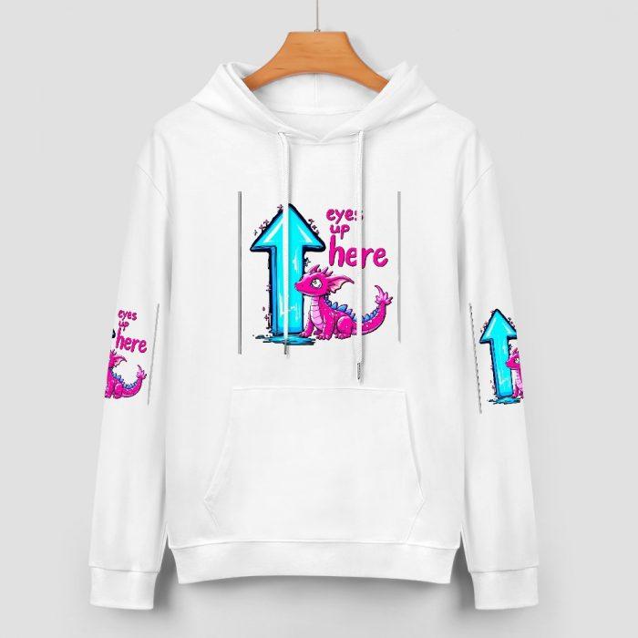 Eyes Up Here Hoodie – Funny Pink Dragon Hoodie with “Eyes Up Here” Graphic and Sleeve Prints - Image 2