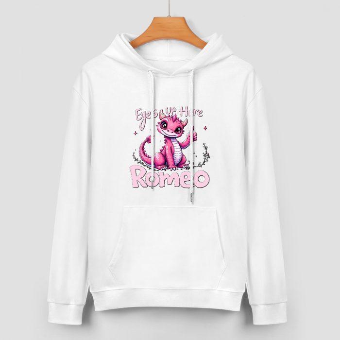Eyes Up Here Romeo Hoodie – Cute Pink Dragon Hoodie with Flirty Script Design - Image 2