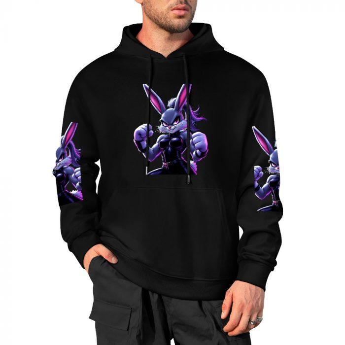 Bad Bunny Boxing Hoodie – Black Hoodie with Fierce Purple Bunny Fighter Graphic and Sleeve Prints - Image 4