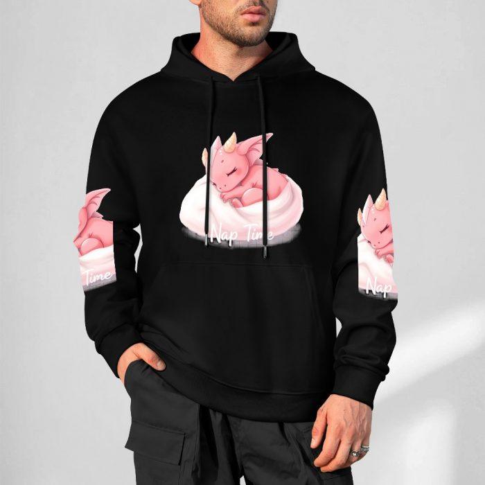 Nap Time Hoodie – Black Hoodie with Pink Dragon Snuggled on Pillow and Matching Sleeves - Image 5