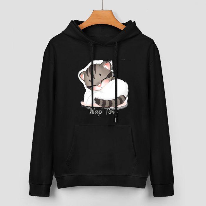 Nap Time Cat Hoodie – Black Hoodie with Sleeping Kitten Graphic - Image 2
