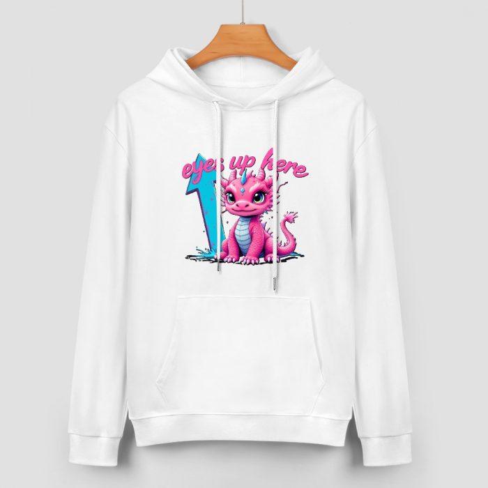 Eyes Up Here Hoodie – Cute Pink Baby Dragon Hoodie with Arrow and Sassy Script - Image 2