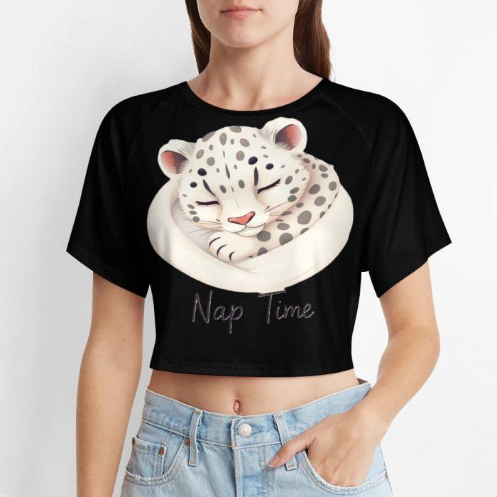 Nap Time Snow Leopard Crop Top – Cute Relaxed Fit Animal Graphic Tee for Women - Image 6