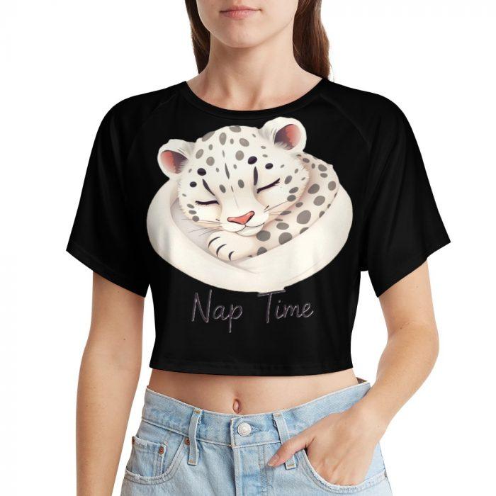 Nap Time Snow Leopard Crop Top – Cute Relaxed Fit Animal Graphic Tee for Women - Image 10