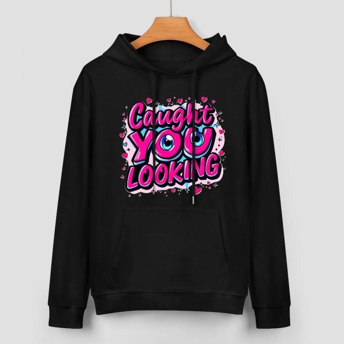 Caught You Looking Hoodie – Black Hoodie with Flirty Bubble Lettering and Cartoon Eyes - Image 2