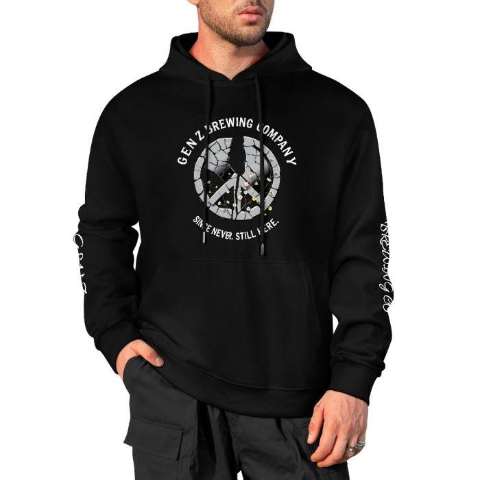Gen Z Brewing Company Hoodie – Black Hoodie with Cracked Peace Sign and “Since You’re Still Here” Slogan - Image 4