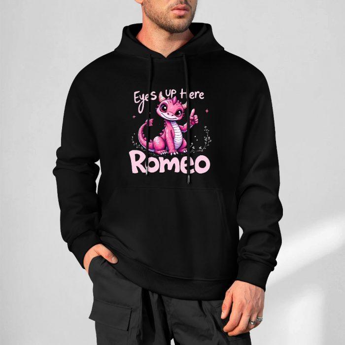 Eyes Up Here, Romeo Hoodie – Black Hoodie with Cute Pink Dragon and Flirty Text - Image 5