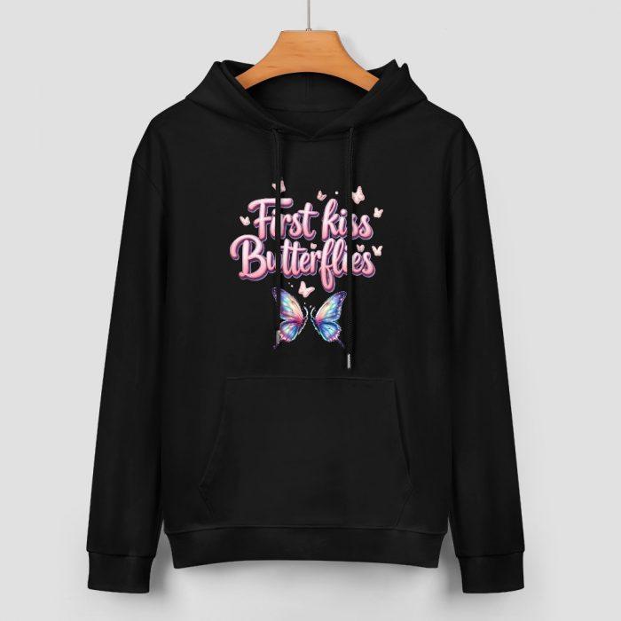 First Kiss Butterflies Hoodie – Black Hoodie with Pink Text and Colorful Butterfly Graphic - Image 2