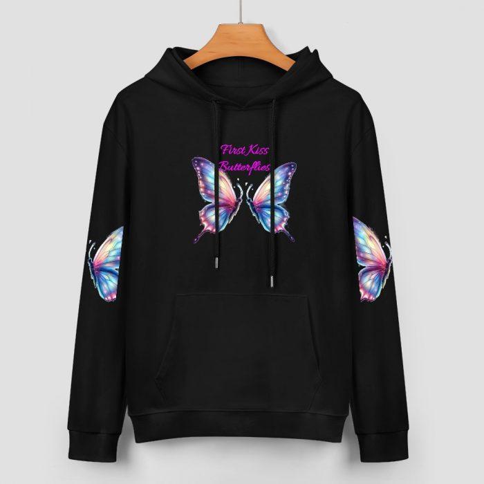 First Kiss Butterflies Hoodie – Black Hoodie with Pastel Butterfly Back Print and Sleeve Graphics - Image 2
