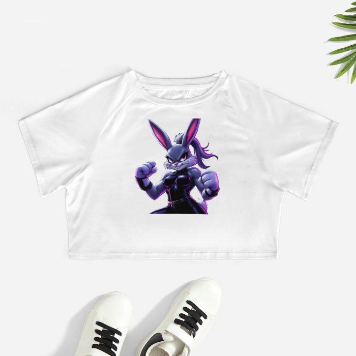 Purple Fighter Bunny Crop Top – Bold Cartoon Bunny Girl Graphic Tee for Women - Image 2