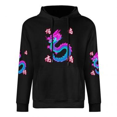 Twisted Dragon Hoodie – Black Hoodie with Neon Pink & Blue Dragon and Kanji Graphics