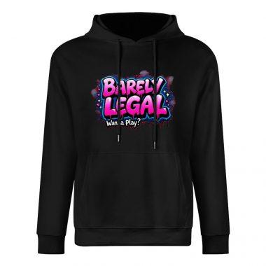 Barely Legal Hoodie – Black Hoodie with Bold Pink and Blue “Wanna Play?” Graphic