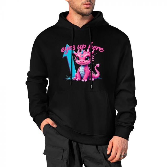 Eyes Up Here Hoodie – Black Hoodie with Cute Pink Dragon and Blue Arrow Graphic - Image 4