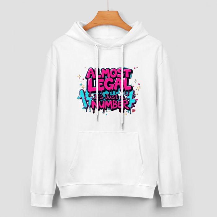 Almost Legal Hoodie – Graffiti Blue “It’s Just a Number” Flirty Birthday Hoodie - Image 2