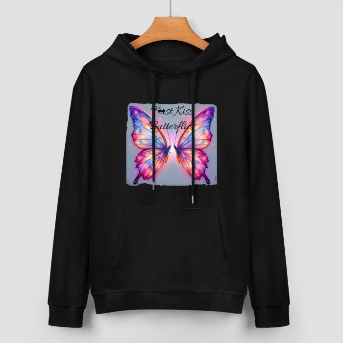 First Kiss Butterflies Hoodie – Black Hoodie with Framed Pastel Butterfly Graphic - Image 2
